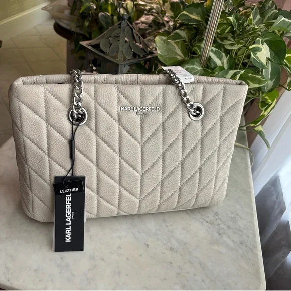 Karl Lagerfeld Chevron Quilted Shoulder Bag - Cream/Gray - Picture 1 of 8